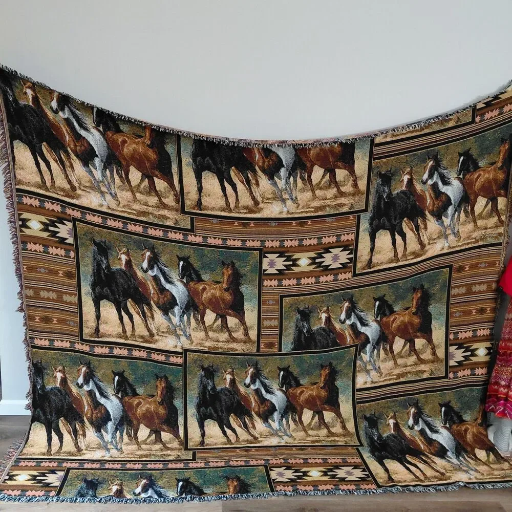 Vintage 90s C. Cummings Horses Fringe Throw Tapestry Blanket 8ft 9